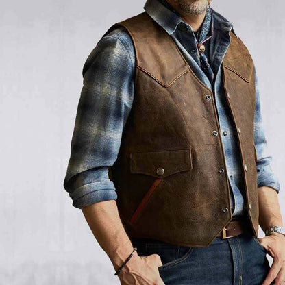 Mens Brown Western Cowboy Biker Leather Vest