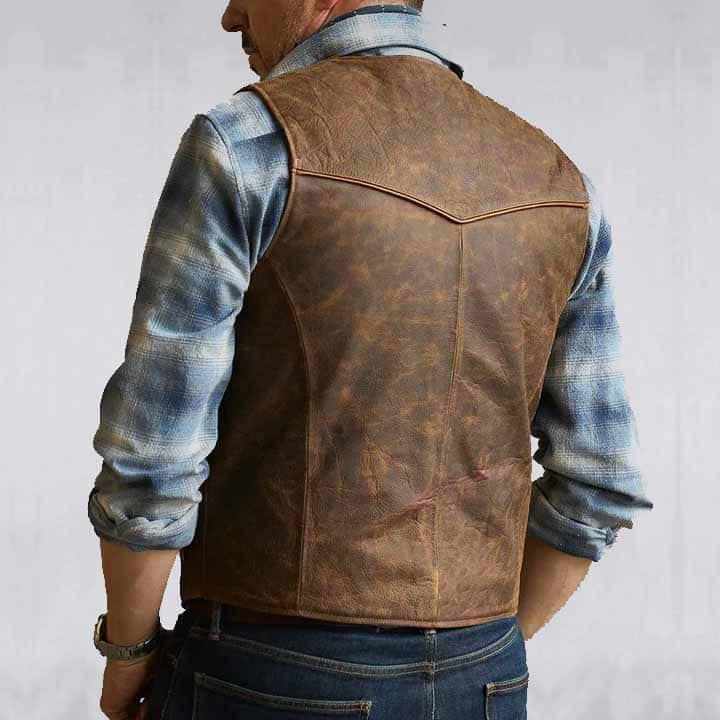 Men’s Motorcycle Brown Full Grain Leather Vest Classic Western Style