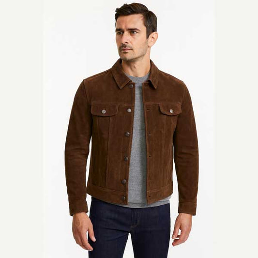 Mens Chocolate Brown Sheepskin Suede Trucker Jacket Western Style - 3amoto shop
