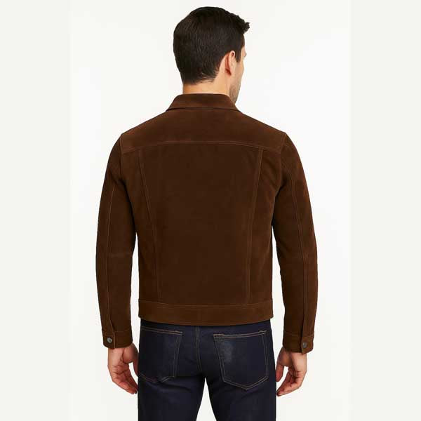 Mens Chocolate Brown Sheepskin Suede Trucker Jacket Western Style