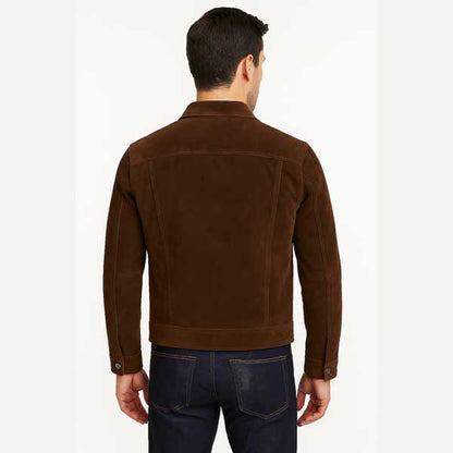 Mens Chocolate Brown Sheepskin Suede Trucker Jacket Western Style