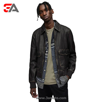 Men's Leather Bomber Harrington Jacket - Black Leather Jacket