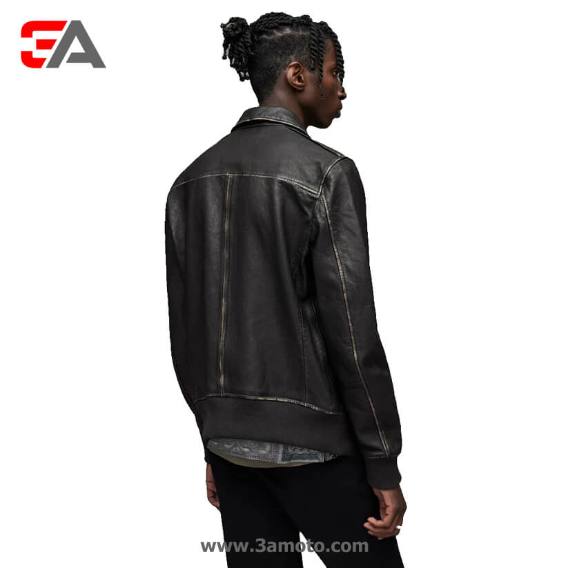 Men's Distressed Black Leather Bomber Harrington Jacket