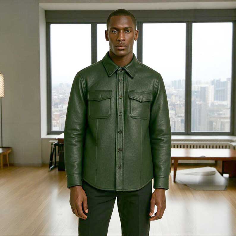 Mens Forest Green Leather Shirt Jacket Custom Fit front view
