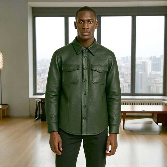 Mens Forest Green Leather Shirt Jacket Custom Fit front view - 3amoto shop