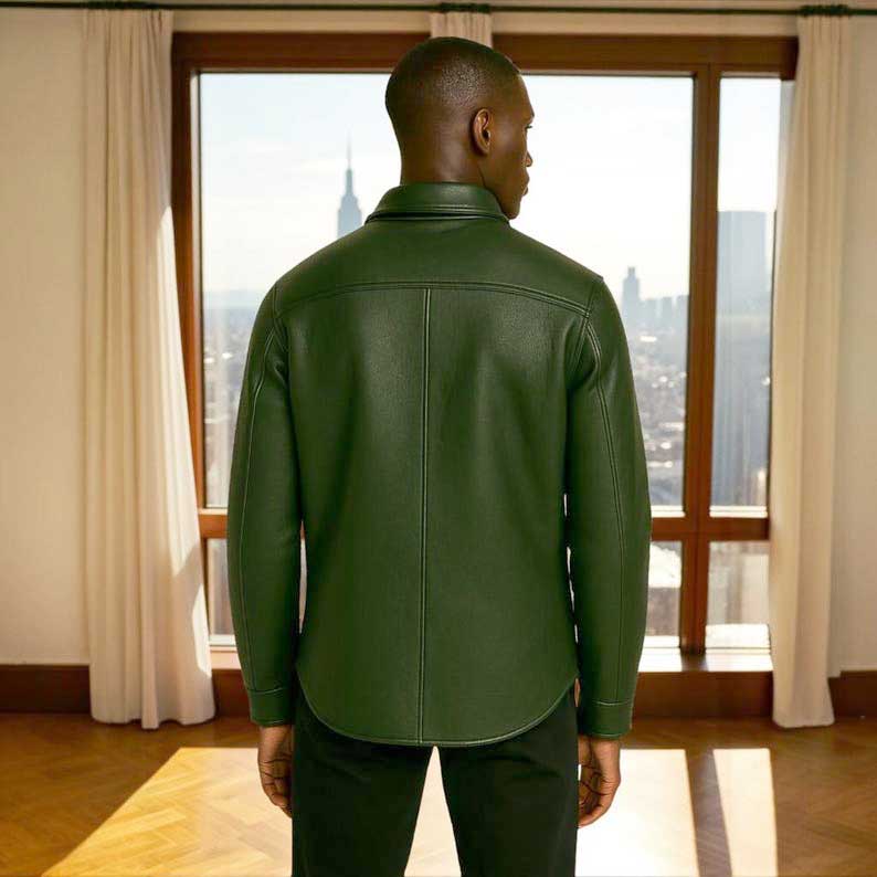Mens Forest Green Leather Shirt Jacket Custom Fit full grain leather texture