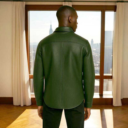 Mens Forest Green Leather Shirt Jacket Custom Fit full grain leather texture