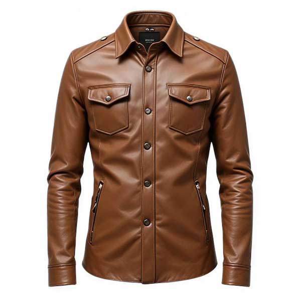Mens Genuine Brown Leather Shirt Jacket front view in caramel brown