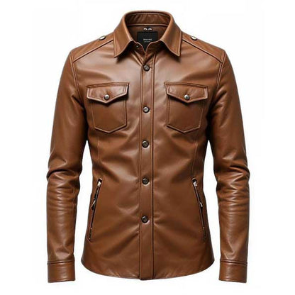 Mens Genuine Brown Leather Shirt Jacket front view in caramel brown