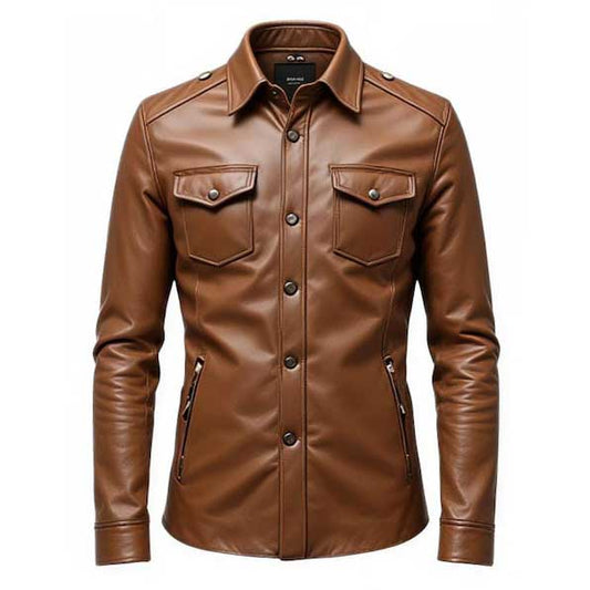 Mens Genuine Brown Leather Shirt Jacket front view in caramel brown - 3amoto shop