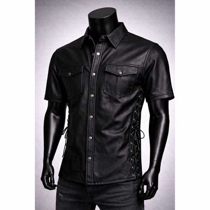 Mens Genuine Leather Lace Up Snap Button Biker Shirt