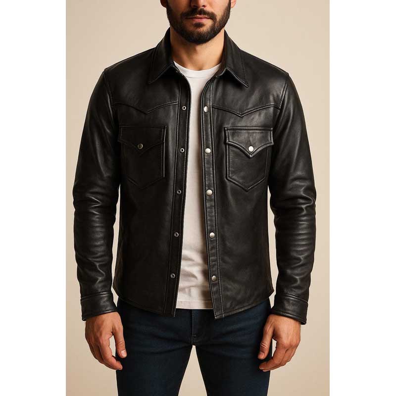 Mens Handmade Black Genuine Leather Western Shirt Jacket
