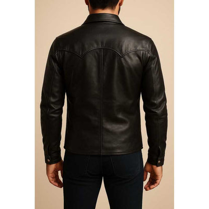 Mens Handmade Black Genuine Leather Western Shirt Jacket