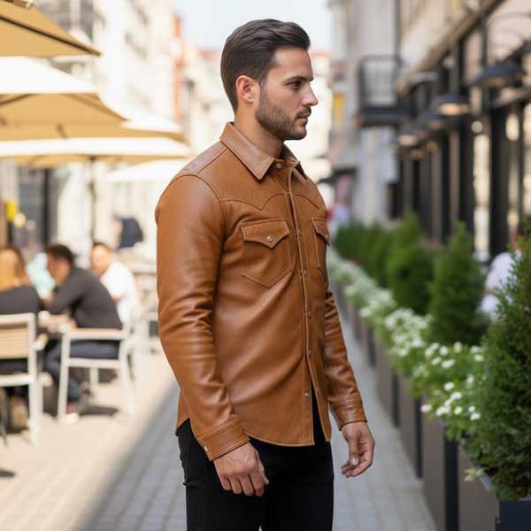 Mens Handmade Genuine Lambskin Leather Western Shirt Jacket