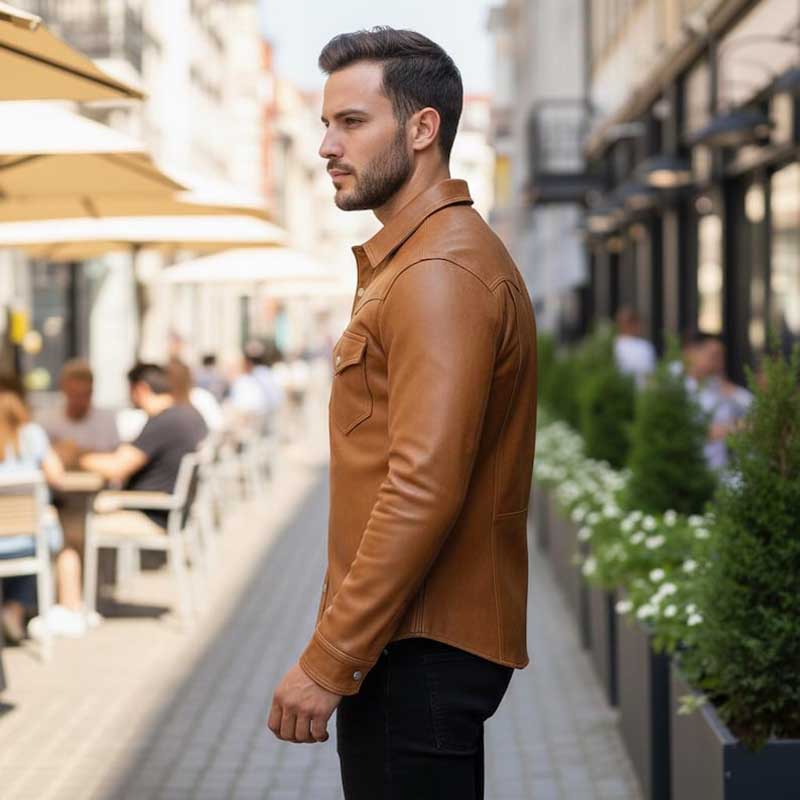 Mens Handmade Genuine Lambskin Leather Western Shirt Jacket