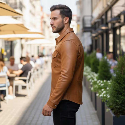 Mens Handmade Genuine Lambskin Leather Western Shirt Jacket