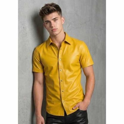 Mens Handmade Mustard Yellow Sheepskin Leather Shirt