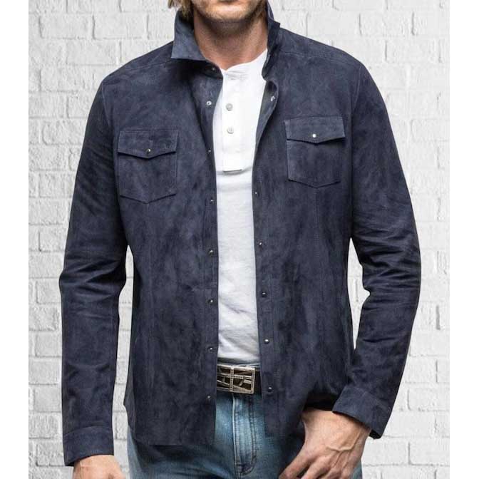 Mens Navy Blue Genuine Suede Leather Biker Shirt Jacket front view