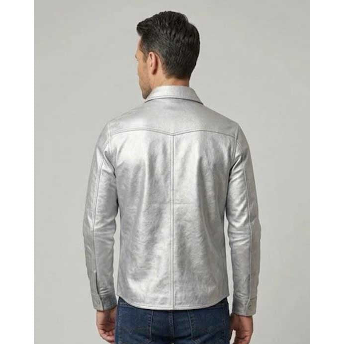 Mens Silver Leather Western Shirt Jacket Slim Fit Snap Button Coat back view