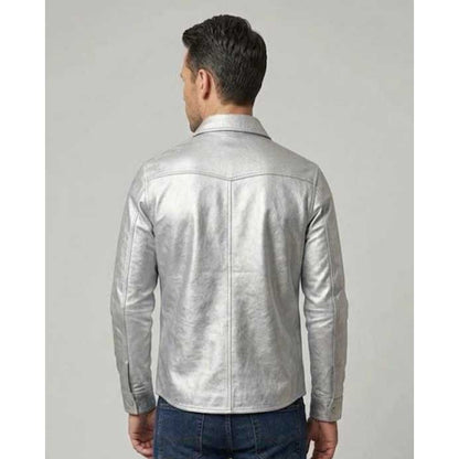 Mens Silver Leather Western Shirt Jacket Slim Fit Snap Button Coat back view