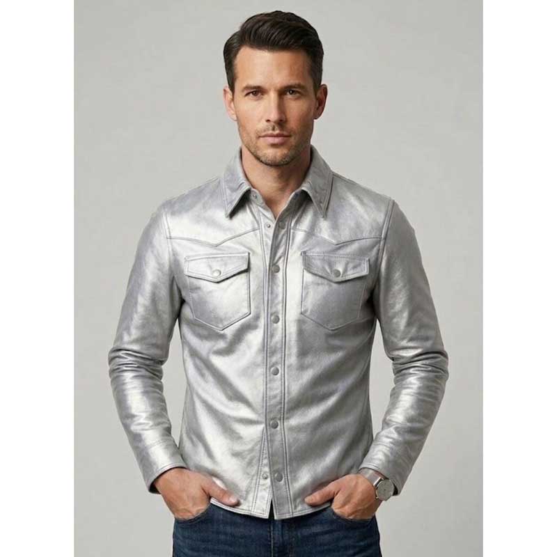 Mens Silver Leather Western Shirt Jacket Slim Fit Snap Button Coat front view