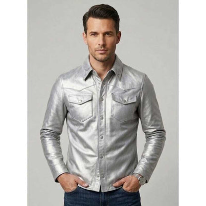 Mens Silver Leather Western Shirt Jacket Slim Fit Snap Button Coat front view
