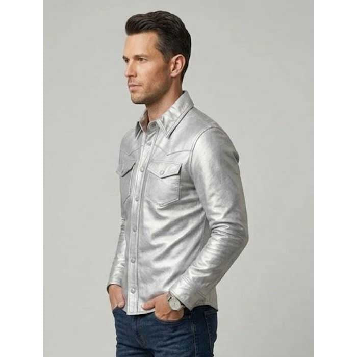Mens Silver Leather Western Shirt Jacket Slim Fit Snap Button Coat side pockets