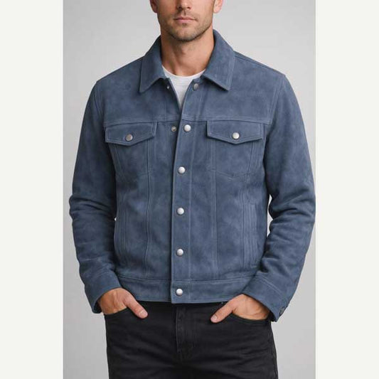 Mens Steel Blue Suede Trucker Leather Jacket Slim Fit - 3amoto shop