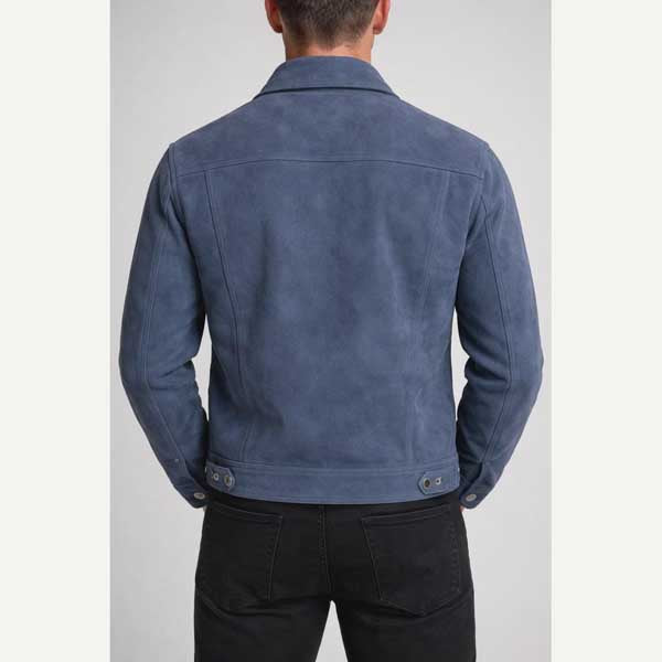 Mens Steel Blue Suede Trucker Leather Jacket Slim Fit