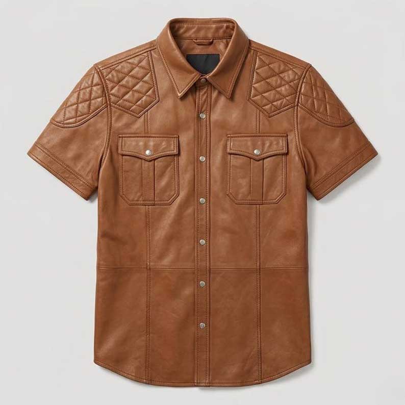 Mens Tan Brown Genuine Leather Vintage Button Up Shirt Jacket