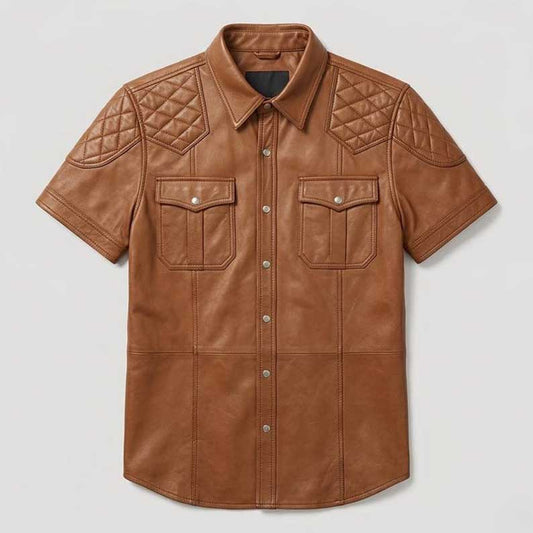 Mens Tan Brown Genuine Leather Vintage Button Up Shirt Jacket - 3amoto shop