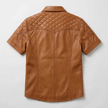 Mens Tan Brown Genuine Leather Vintage Button Up Shirt Jacket
