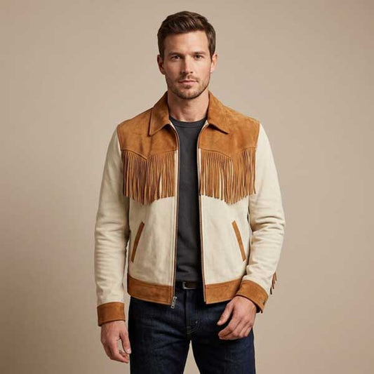 Mens Tan Suede Fringe Jacket Western Cowboy Statement Outerwear - 3amoto shop