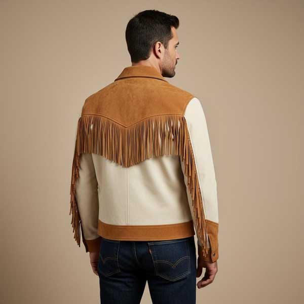 Mens Tan Suede Fringe Jacket Western Cowboy Statement Outerwear
