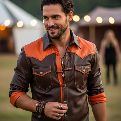 Mens Two Tone Brown Orange Cowhide Leather Western Shirt Jacket