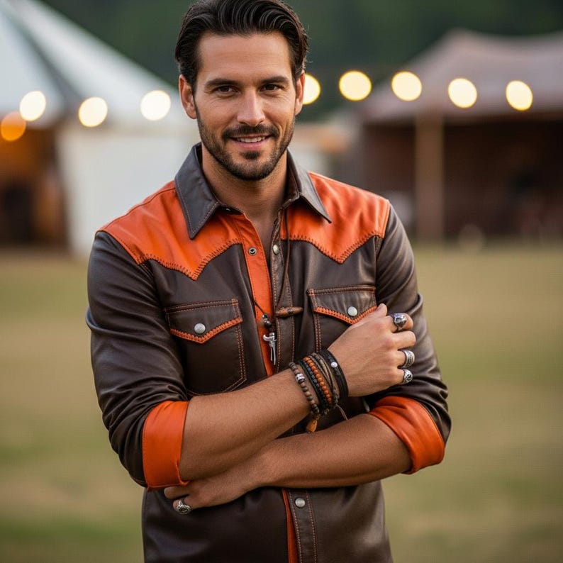 Mens Two Tone Brown Orange Cowhide Leather Western Shirt Jacket