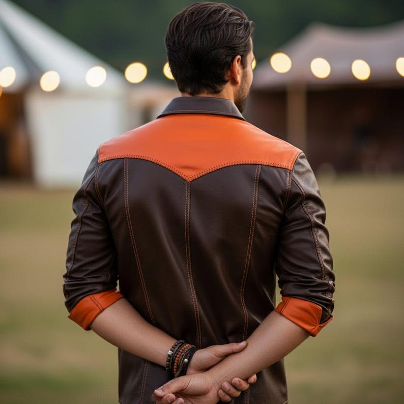 Mens Two Tone Brown Orange Cowhide Leather Western Shirt Jacket