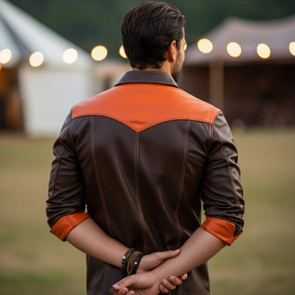 Mens Two Tone Brown Orange Cowhide Leather Western Shirt Jacket
