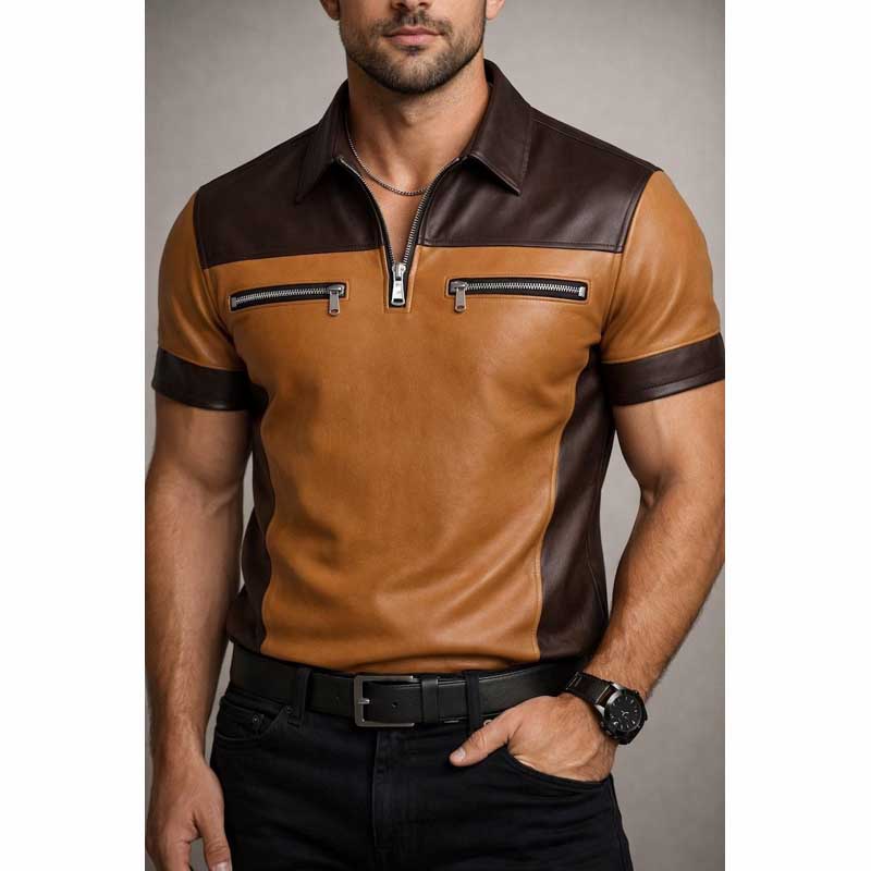 Mens Two Tone Sheepskin Leather Shirt Short Sleeve Zip Front