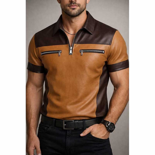 Mens Two Tone Sheepskin Leather Shirt Short Sleeve Zip Front - 3amoto shop