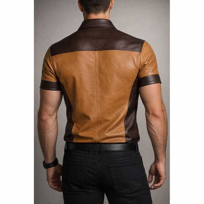 Mens Two Tone Sheepskin Leather Shirt Short Sleeve Zip Front