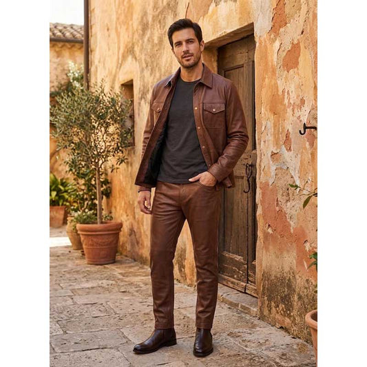 Mens Vintage Brown Genuine Leather Button Up Shirt Jacket - 3amoto shop