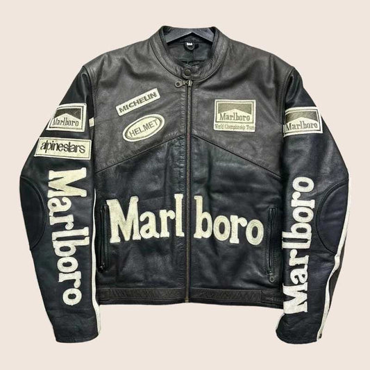 Mens Vintage Grey & Black Marlboro Racing Leather Jacket - 3amoto shop