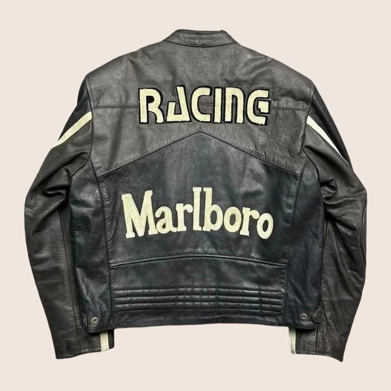 Mens Vintage Grey & Black Marlboro Racing Leather Jacket