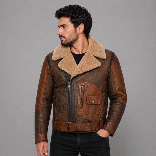 Mens Aviator Raf B3 Leather Bomber Flying Jacket - 3amoto shop