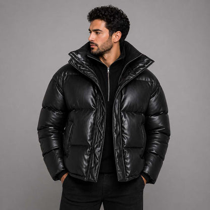 Mens Faux Leather Puffer Jacket Black