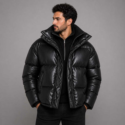 Mens Faux Leather Puffer Jacket Black - 3amoto shop