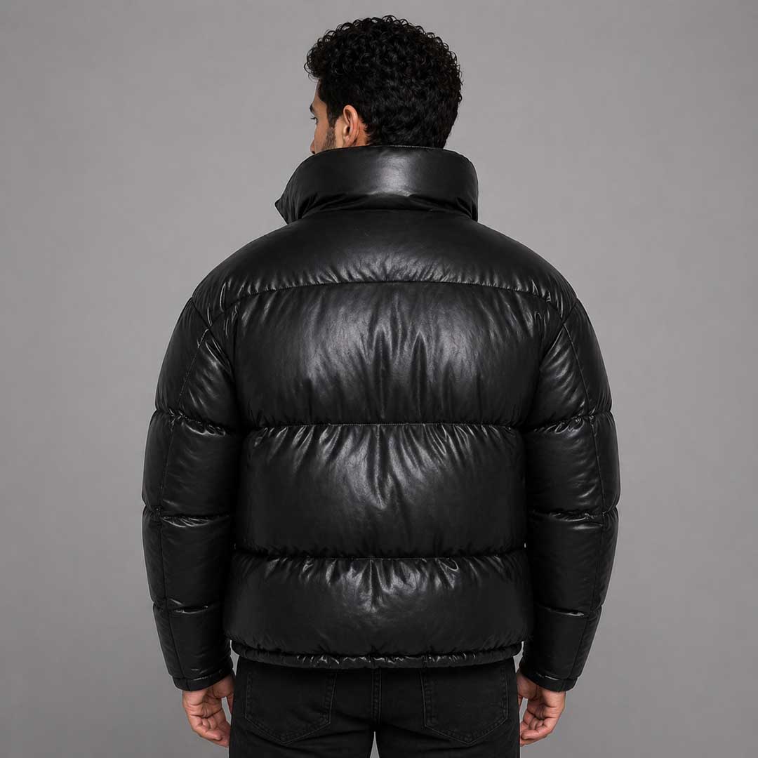 Mens Faux Leather Puffer Jacket Black