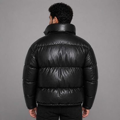 Mens Faux Leather Puffer Jacket Black