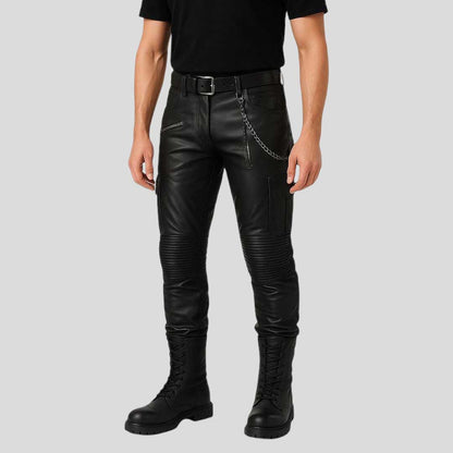 Men’s Faux Leather Biker Pants Slim Fit with Chain